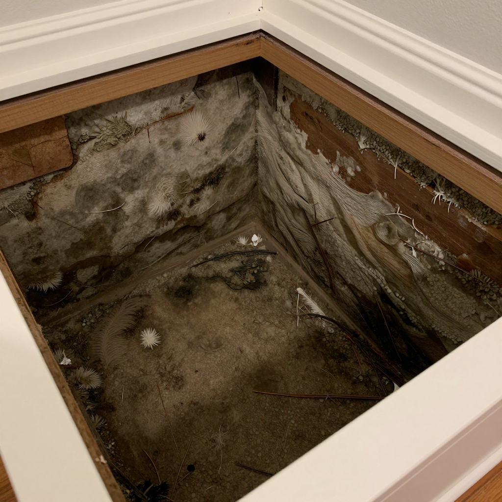 Crawl space with visible mold on wooden beams and vapor barrier