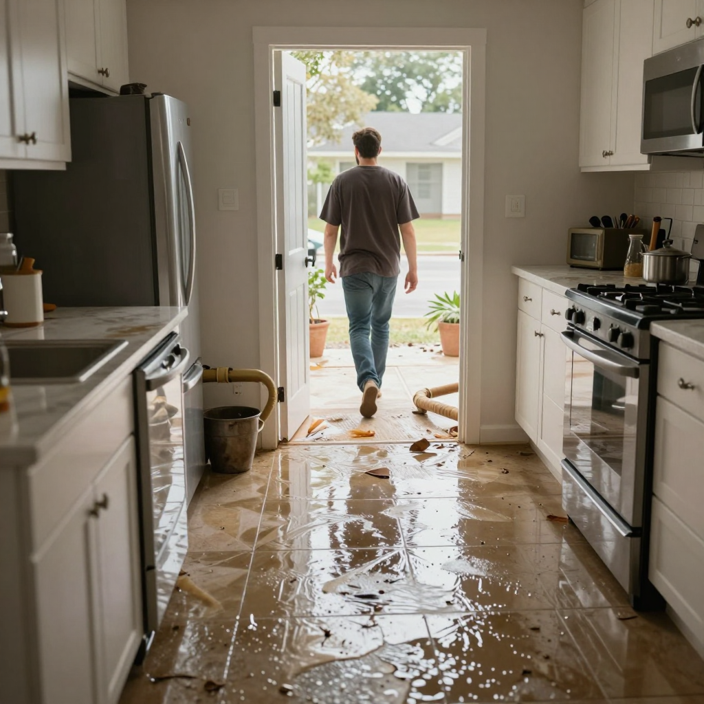 Water damage on drywall and wooden subfloor in Marietta home